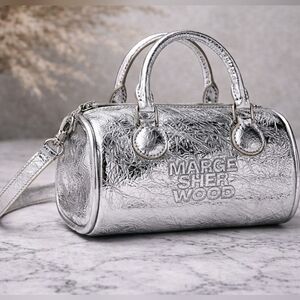 Marge Sherwood Mini Crinkle Leather Barrel Bag Crossbody – Metallic Silver